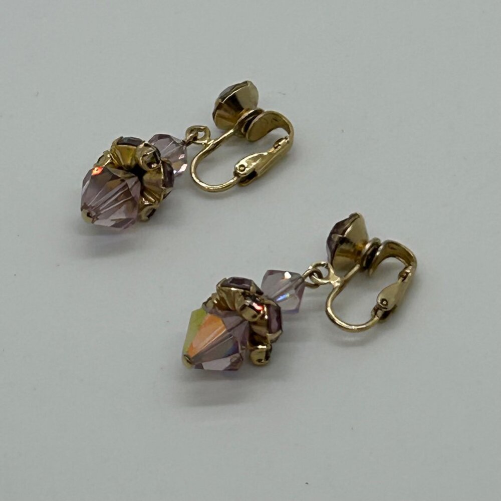 Vintage Aurora Borealis Dangle Earrings Crystal Pink Iridescent Faceted Goldtone - Picture 10 of 15
